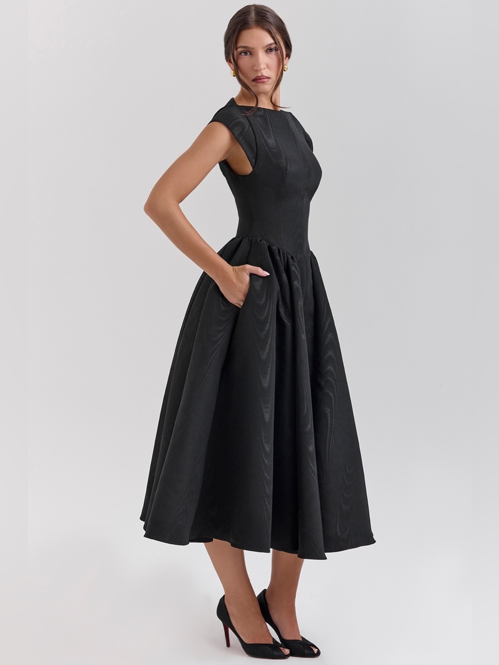 House of CB Debutante Black Moire Satin Backless Midi Dress NWOT size L - Picture 3 of 13